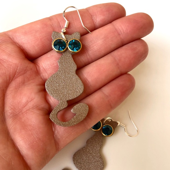 Boho Earrings Vegan Leather Cat Rhinestone NEW - Picture 4 of 5